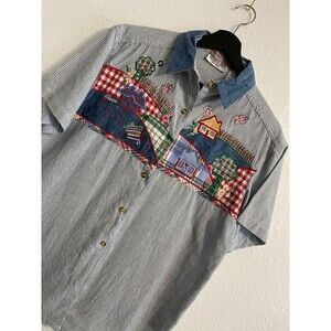 Vintage Petites M/L Embroidery Button Front Top Folk Retro Chambray Teacher F28